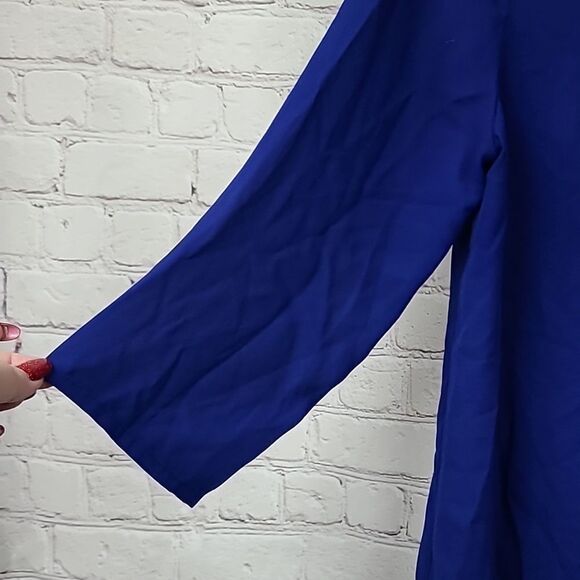 EXPRESS Zip Front Royal Blue Silky Top Chiffon Popover Dressy Blouse 3/4 Sleeves - Picture 6 of 10